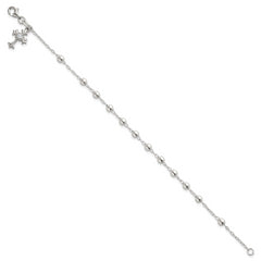 Sterling Silver Polished Beaded with White CZ Fleur de Lis Cross Charm 7.5 inch Bracelet