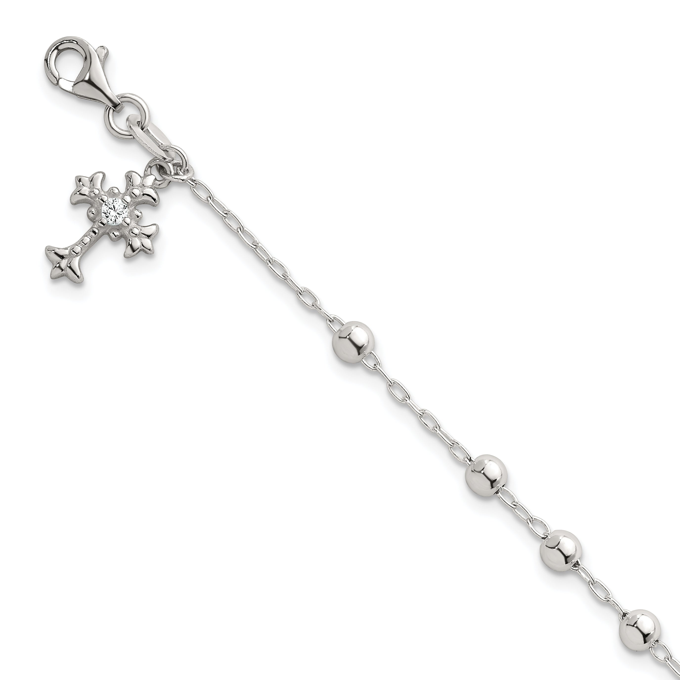 Sterling Silver Polished Beaded with White CZ Fleur de Lis Cross Charm 7.5 inch Bracelet