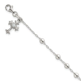 Sterling Silver Polished Beaded with White CZ Fleur de Lis Cross Charm 7.5 inch Bracelet