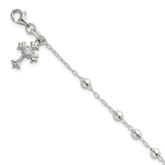 Sterling Silver Polished Beaded with White CZ Fleur de Lis Cross Charm 7.5 inch Bracelet