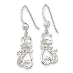 Sterling Silver Polished White CZ Cat Silhouette With Bowtie Dangle Shepherd Hook Earrings