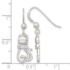 Sterling Silver Polished White CZ Cat Silhouette With Bowtie Dangle Shepherd Hook Earrings
