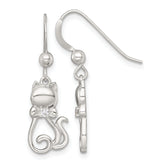 Sterling Silver Polished White CZ Cat Silhouette With Bowtie Dangle Shepherd Hook Earrings