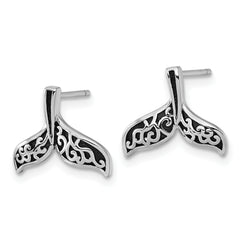 Sterling Silver Rhodium-plated Polished and Oxidized Filigree Whale Tail Post Earrings