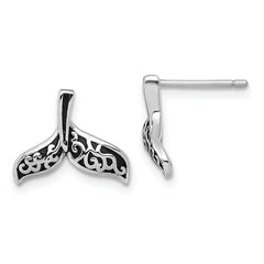 Sterling Silver Rhodium-plated Polished and Oxidized Filigree Whale Tail Post Earrings