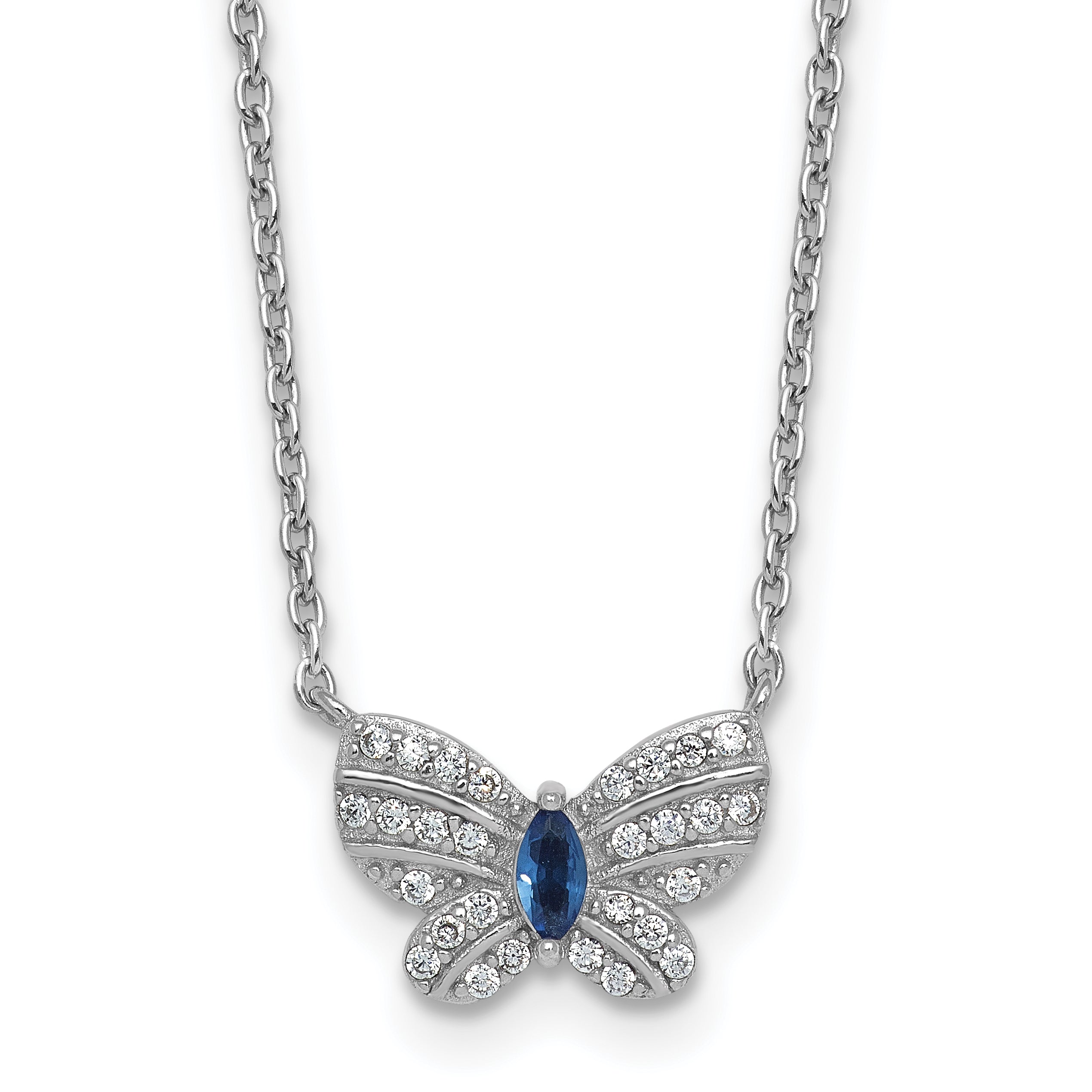 Sterling Silver Rhodium-plated Polished Blue Glass and White CZ Butterfly 16 Inch with 2 Inch Extension Necklace