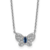 Sterling Silver Rhodium-plated Polished Blue Glass and White CZ Butterfly 16 Inch with 2 Inch Extension Necklace