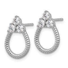 Sterling Silver Rhodium-plated Three CZ Textured Loop Post Earrings