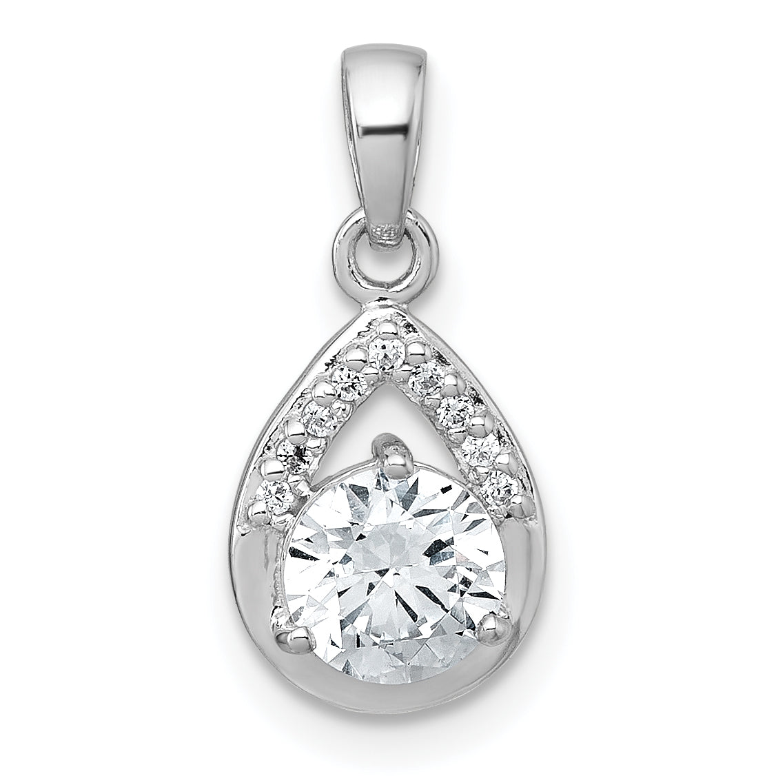Sterling Silver Rhodium-plated Polished Round CZ Teardrop Pendant