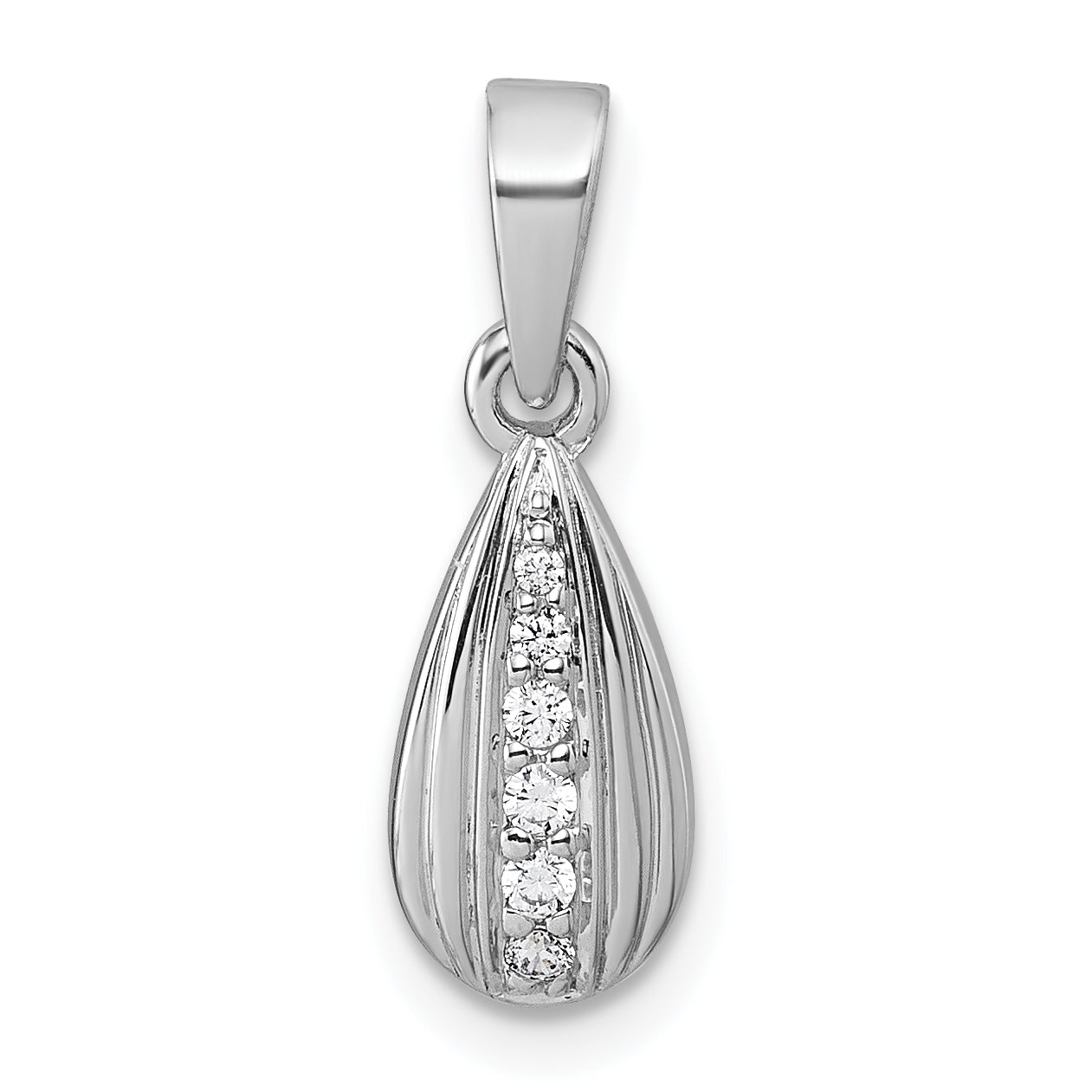 Sterling Silver Rhodium-plated Polished and Grooved White CZ Tear Drop Pendant