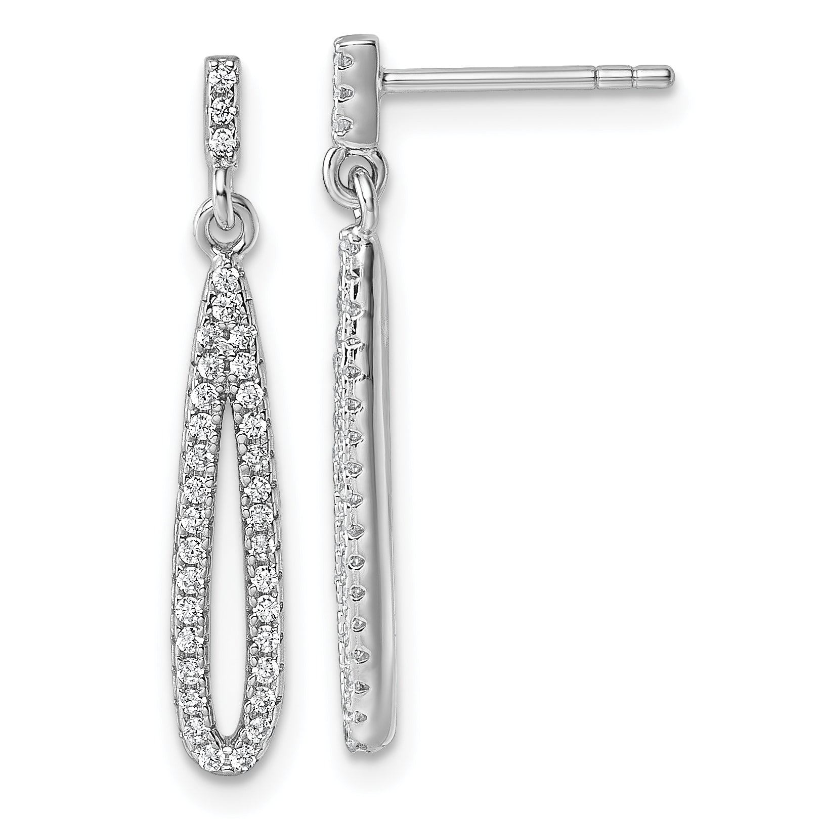 Sterling Silver Rhodium-plated CZ Oval Dangle Post Earrings