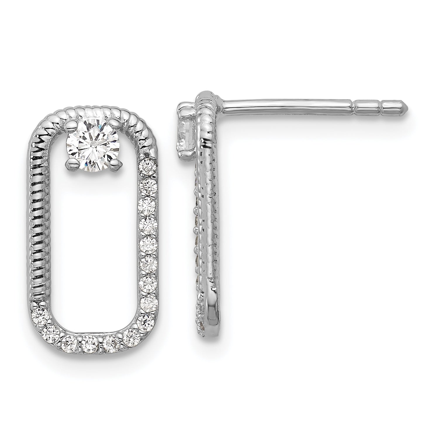 Sterling Silver Rhodium-plated CZ Textured Rectangle Post Earrings