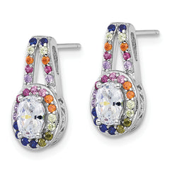 Sterling Silver Rhodium-plated Polished Multi-color Rainbow CZ Oval Halo Post Earrings
