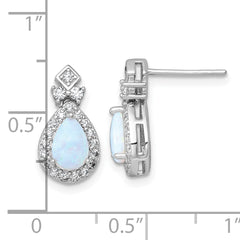 Sterling Silver Rhodium-plated Polished Lab Created Opal and CZ Teardrop Halo Dangle Post Earrings