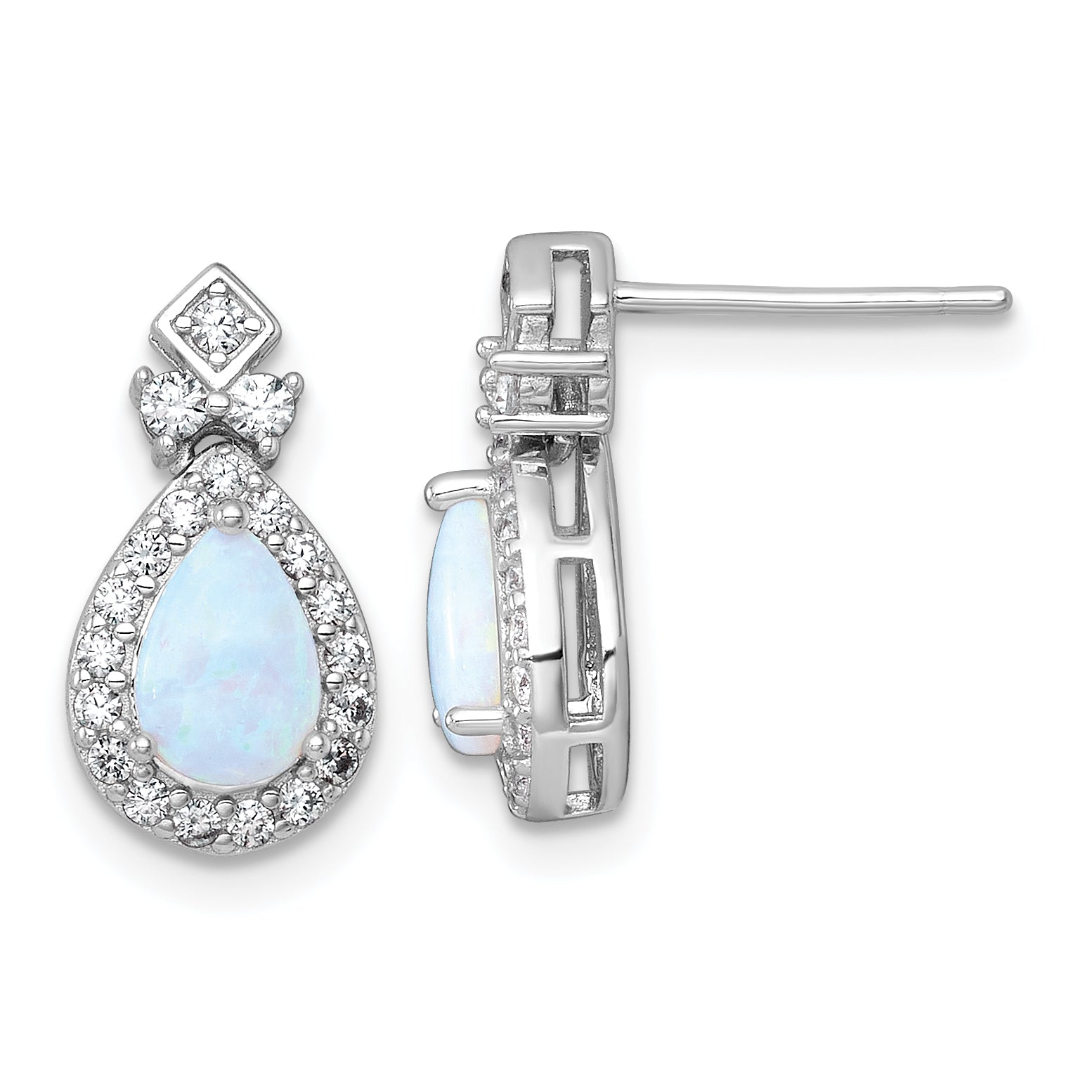 Sterling Silver Rhodium-plated Polished Lab Created Opal and CZ Teardrop Halo Dangle Post Earrings