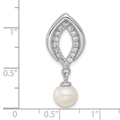 Sterling Silver Rhodium-plated Polished CZ and 6-7mm Freshwater Cultured Pearl Dangle Chain Slide Pendant