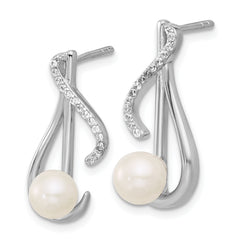 Sterling Silver Rhodium-plated Polished CZ and 5-6mm Freshwater Cultured Pearl Swirl Post Earrings