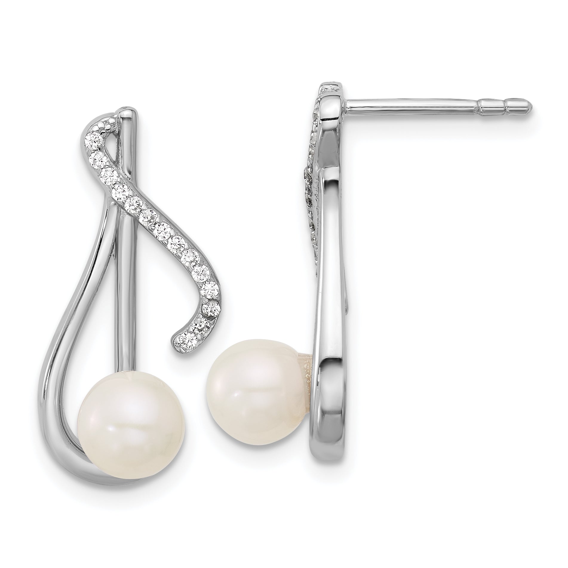 Sterling Silver Rhodium-plated Polished CZ and 5-6mm Freshwater Cultured Pearl Swirl Post Earrings