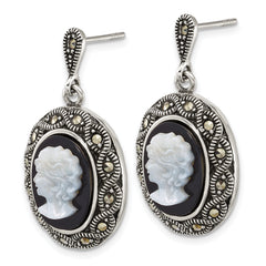 Sterling Silver Antiqued Marcasite with Black Agate and Mother of Pearl Cameo Dangle Post Earrings