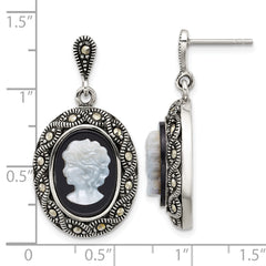 Sterling Silver Antiqued Marcasite with Black Agate and Mother of Pearl Cameo Dangle Post Earrings