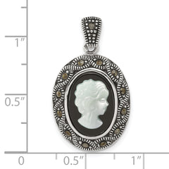 Sterling Silver Antiqued Marcasite with Black Agate and Mother of Pearl Cameo Pendant