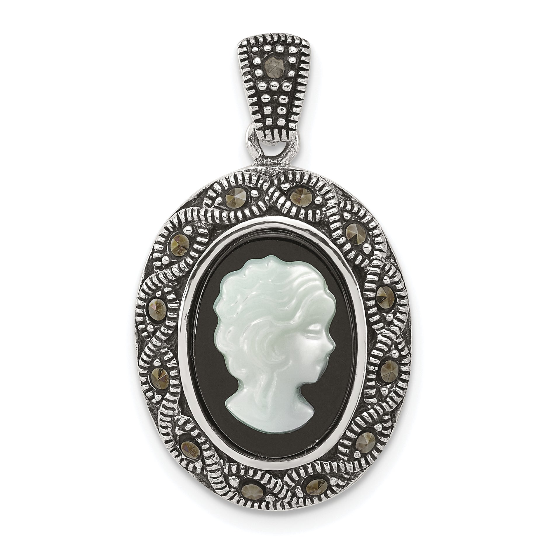 Sterling Silver Antiqued Marcasite with Black Agate and Mother of Pearl Cameo Pendant