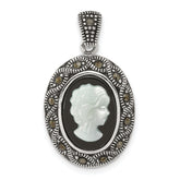 Sterling Silver Antiqued Marcasite with Black Agate and Mother of Pearl Cameo Pendant