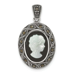 Sterling Silver Antiqued Marcasite with Black Agate and Mother of Pearl Cameo Pendant