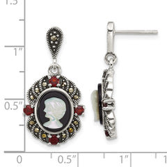 Sterling Silver Antiqued Marcasite and Garnet with Black Agate and Mother of Pearl Cameo Dangle Post Earrings
