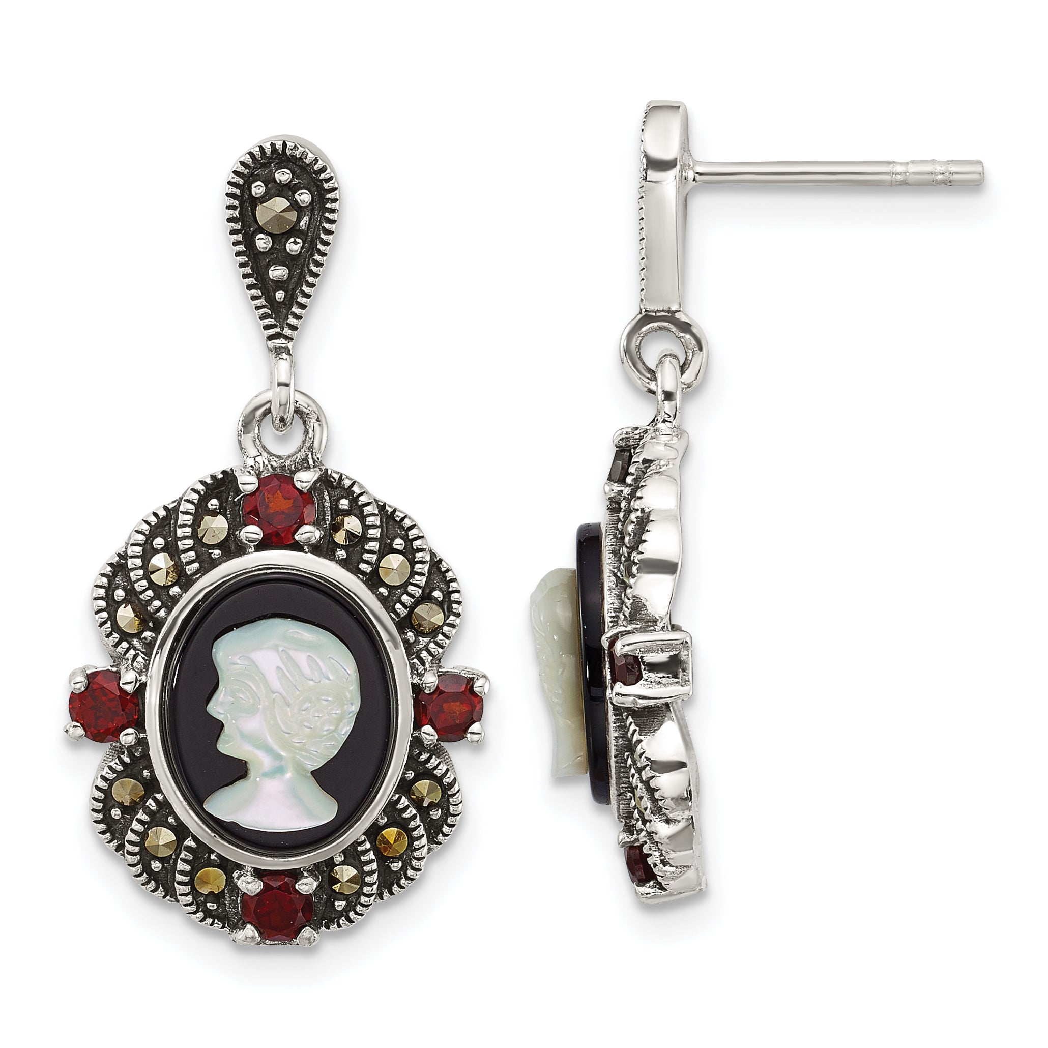 Sterling Silver Antiqued Marcasite and Garnet with Black Agate and Mother of Pearl Cameo Dangle Post Earrings