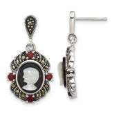 Sterling Silver Antiqued Marcasite and Garnet with Black Agate and Mother of Pearl Cameo Dangle Post Earrings