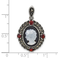 Sterling Silver Antiqued Marcasite and Garnet with Black Agate and Mother of Pearl Cameo Pendant