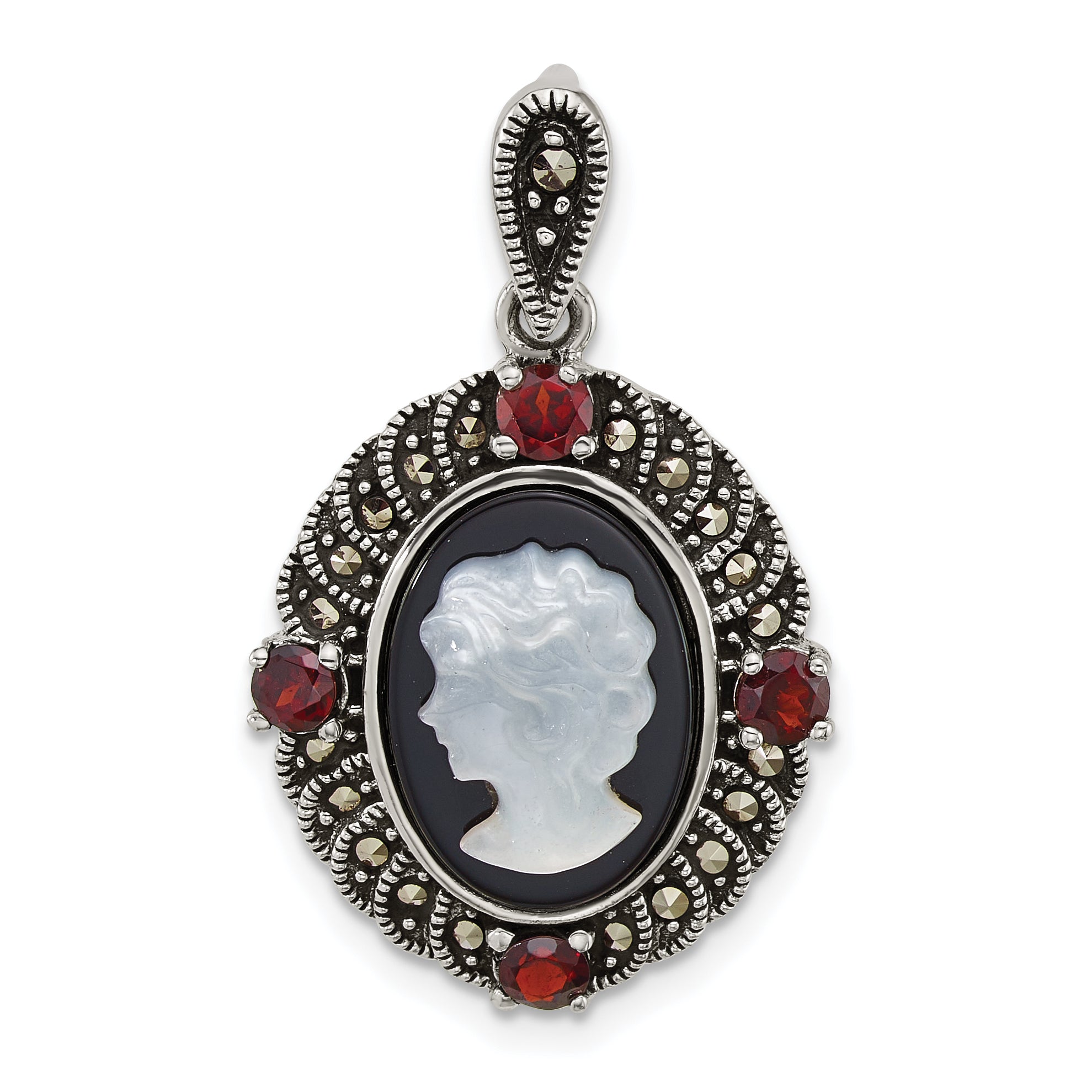 Sterling Silver Antiqued Marcasite and Garnet with Black Agate and Mother of Pearl Cameo Pendant