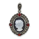 Sterling Silver Antiqued Marcasite and Garnet with Black Agate and Mother of Pearl Cameo Pendant