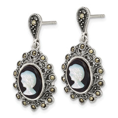 Sterling Silver Antiqued Marcasite with Black Agate and Mother of Pearl Cameo Dangle Post Earrings