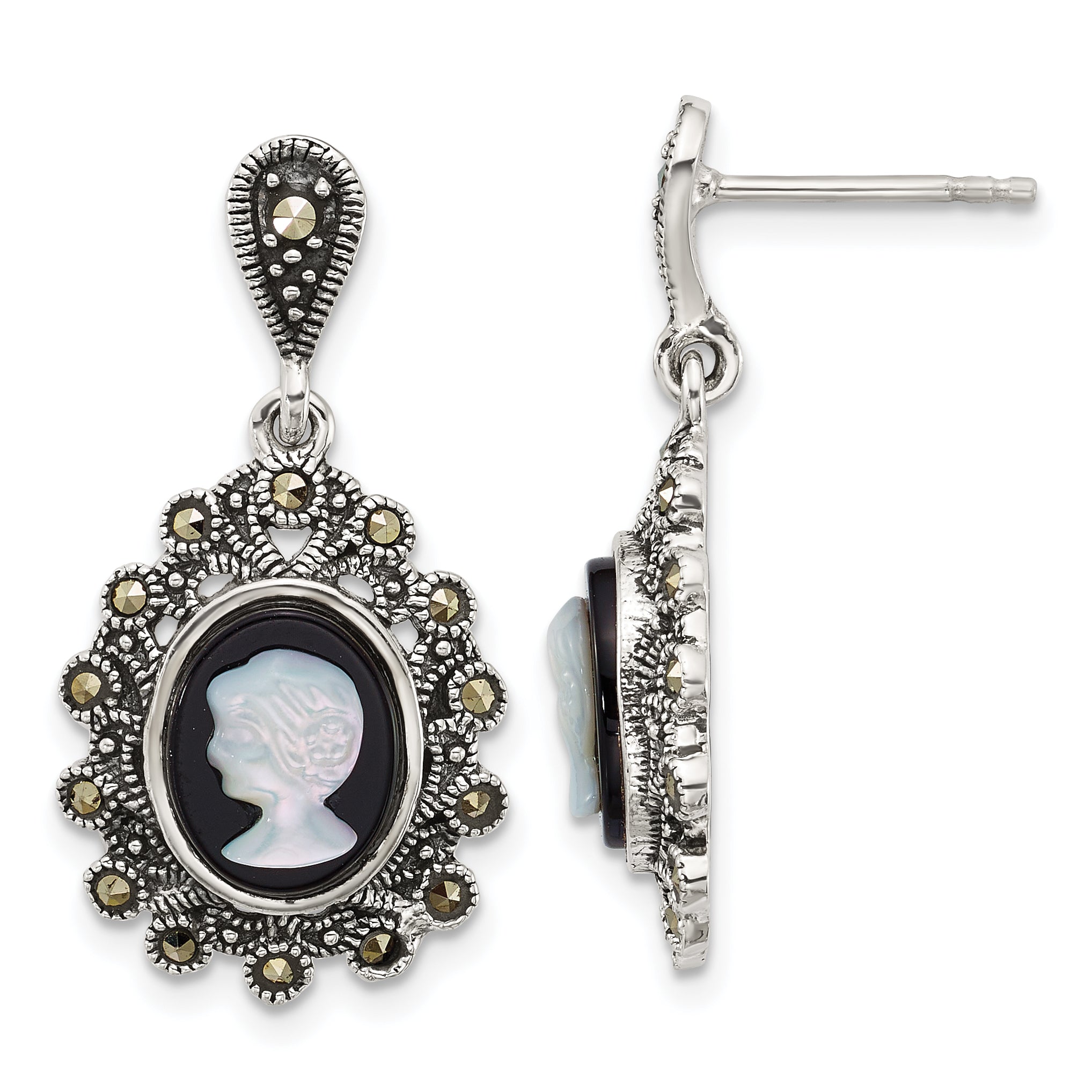 Sterling Silver Antiqued Marcasite with Black Agate and Mother of Pearl Cameo Dangle Post Earrings