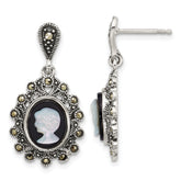 Sterling Silver Antiqued Marcasite with Black Agate and Mother of Pearl Cameo Dangle Post Earrings
