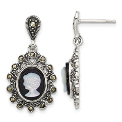 Sterling Silver Antiqued Marcasite with Black Agate and Mother of Pearl Cameo Dangle Post Earrings