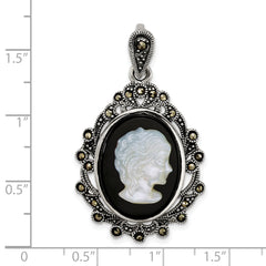 Sterling Silver Antiqued Marcasite with Black Agate and Mother of Pearl Cameo Pendant