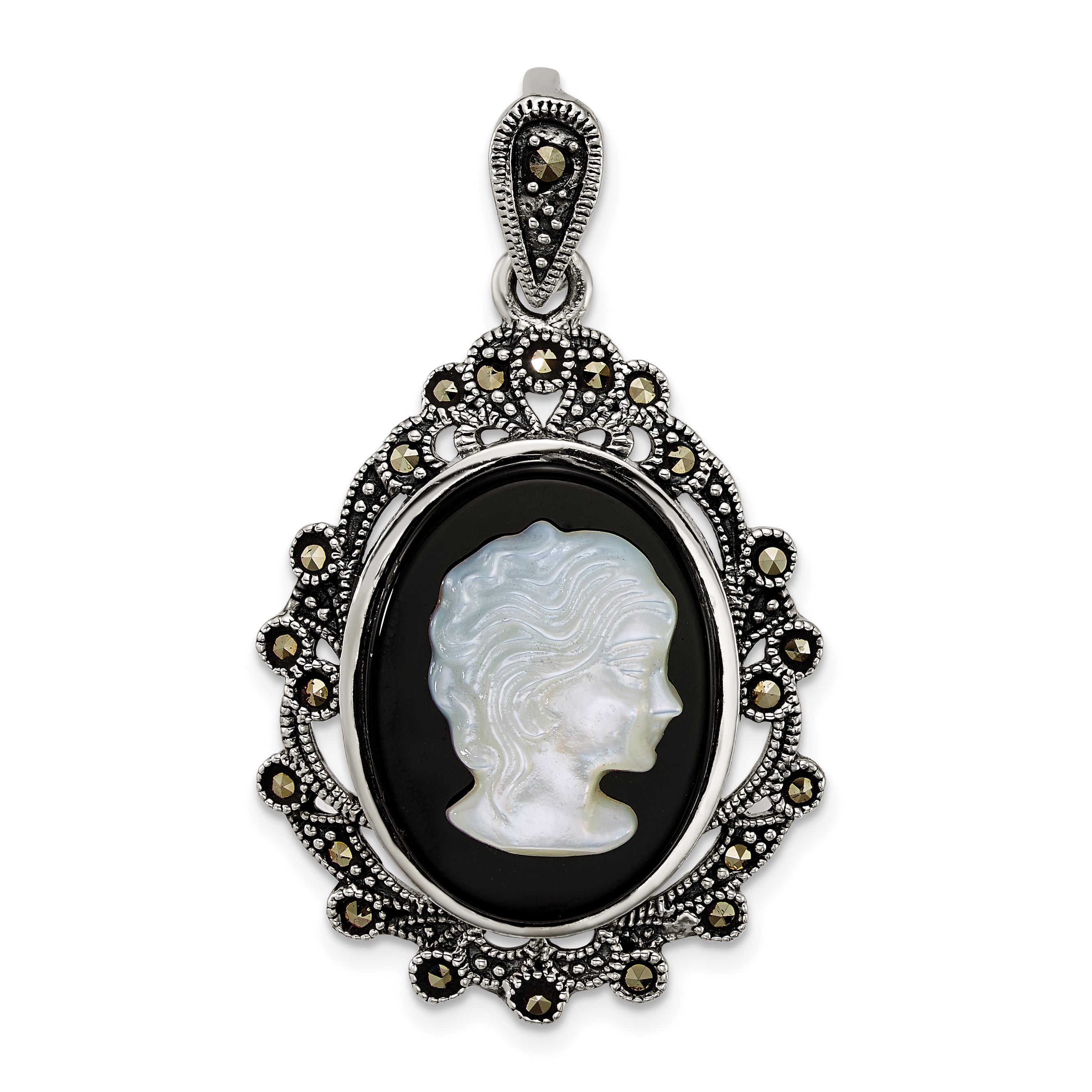 Sterling Silver Antiqued Marcasite with Black Agate and Mother of Pearl Cameo Pendant