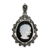 Sterling Silver Antiqued Marcasite with Black Agate and Mother of Pearl Cameo Pendant