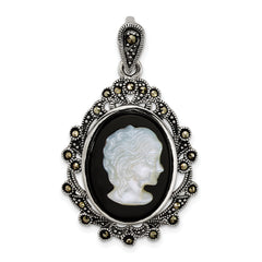 Sterling Silver Antiqued Marcasite with Black Agate and Mother of Pearl Cameo Pendant