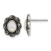 Sterling Silver Antiqued Marcasite and Mother of Pearl Oval Fancy Post Earrings