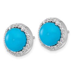 Sterling Silver Rhodium-plated Polished CZ Halo and Reconstituted Turquoise Cabochon Circle Post Earrings