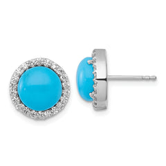 Sterling Silver Rhodium-plated Polished CZ Halo and Reconstituted Turquoise Cabochon Circle Post Earrings