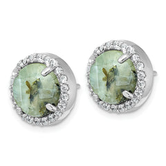 Sterling Silver Rhodium-plated Polished CZ Halo and Faceted Prehnite Circle Post Earrings