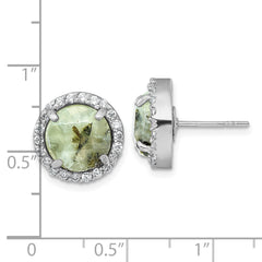 Sterling Silver Rhodium-plated Polished CZ Halo and Faceted Prehnite Circle Post Earrings