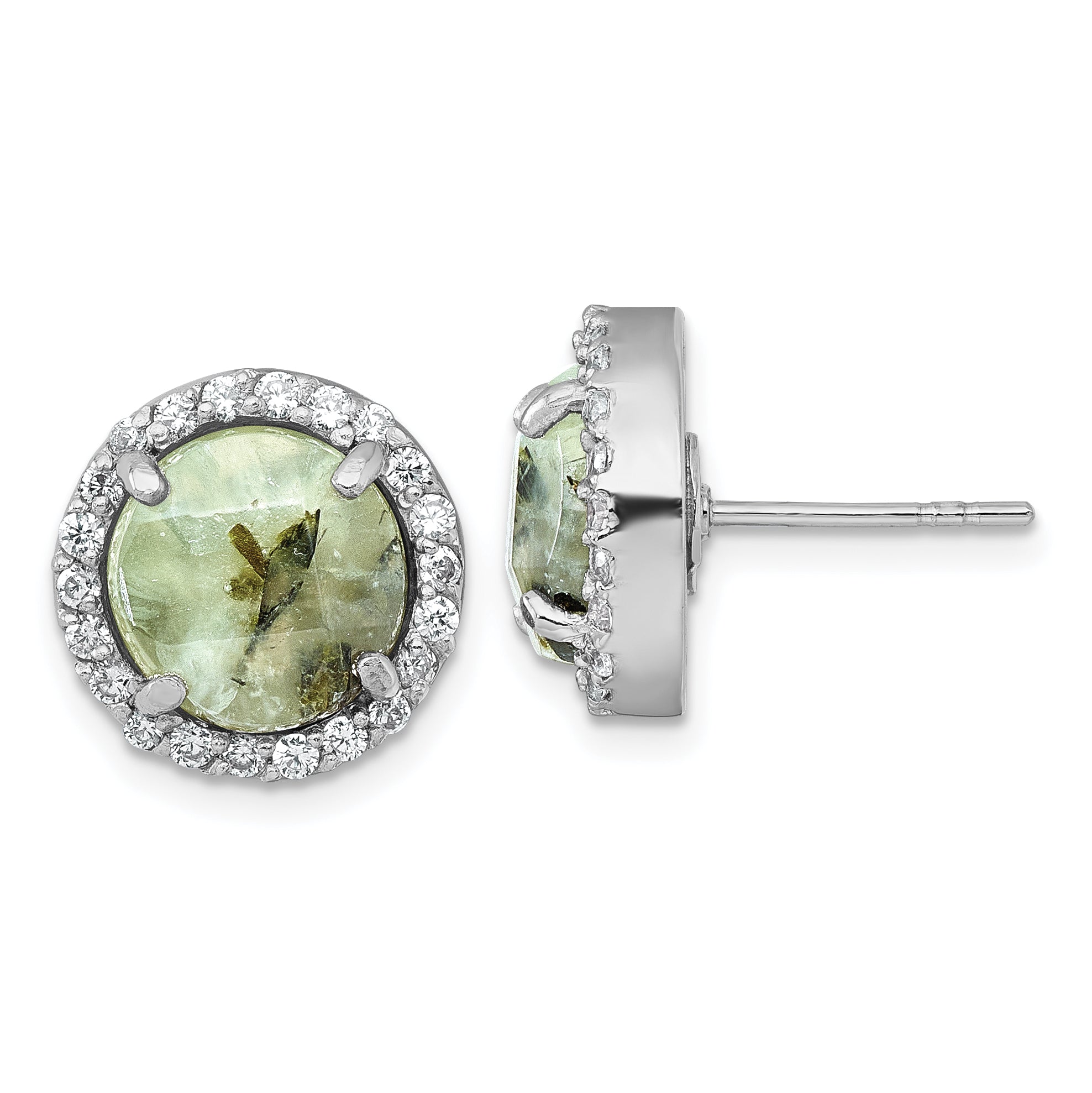 Sterling Silver Rhodium-plated Polished CZ Halo and Faceted Prehnite Circle Post Earrings