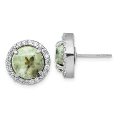 Sterling Silver Rhodium-plated Polished CZ Halo and Faceted Prehnite Circle Post Earrings