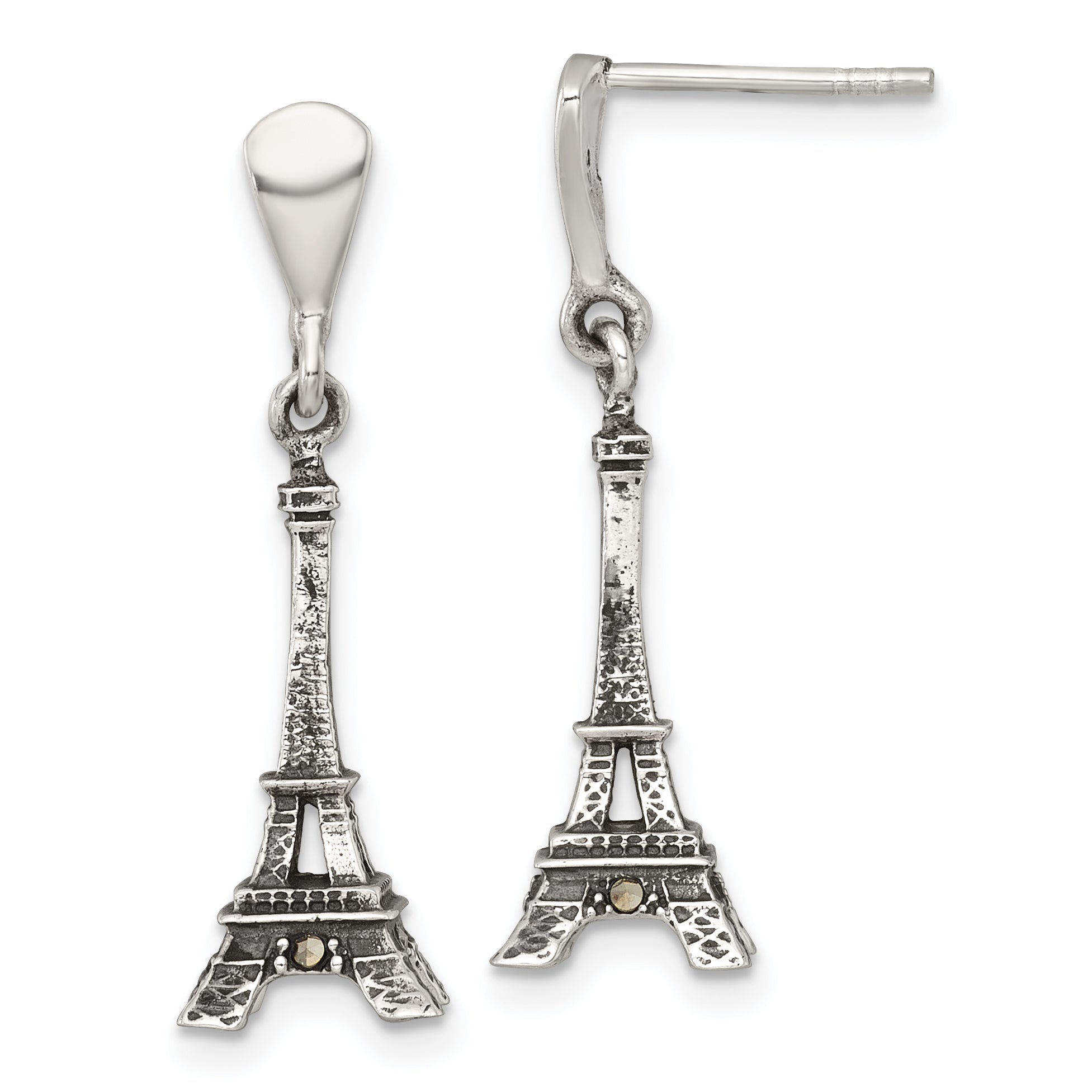 Sterling Silver Antiqued Marcasite 3-D Eiffel Tower Dangle Post Earrings